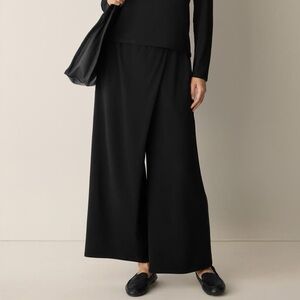 Eileen Fisher Pure Silk Georgette Crepe Wide Leg Wrap Black Skirt Pants Luxury S